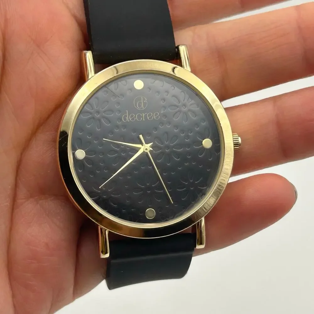 Decree Gold Tone Black Silicon Band Women’s Minimalist Watch  New Battery